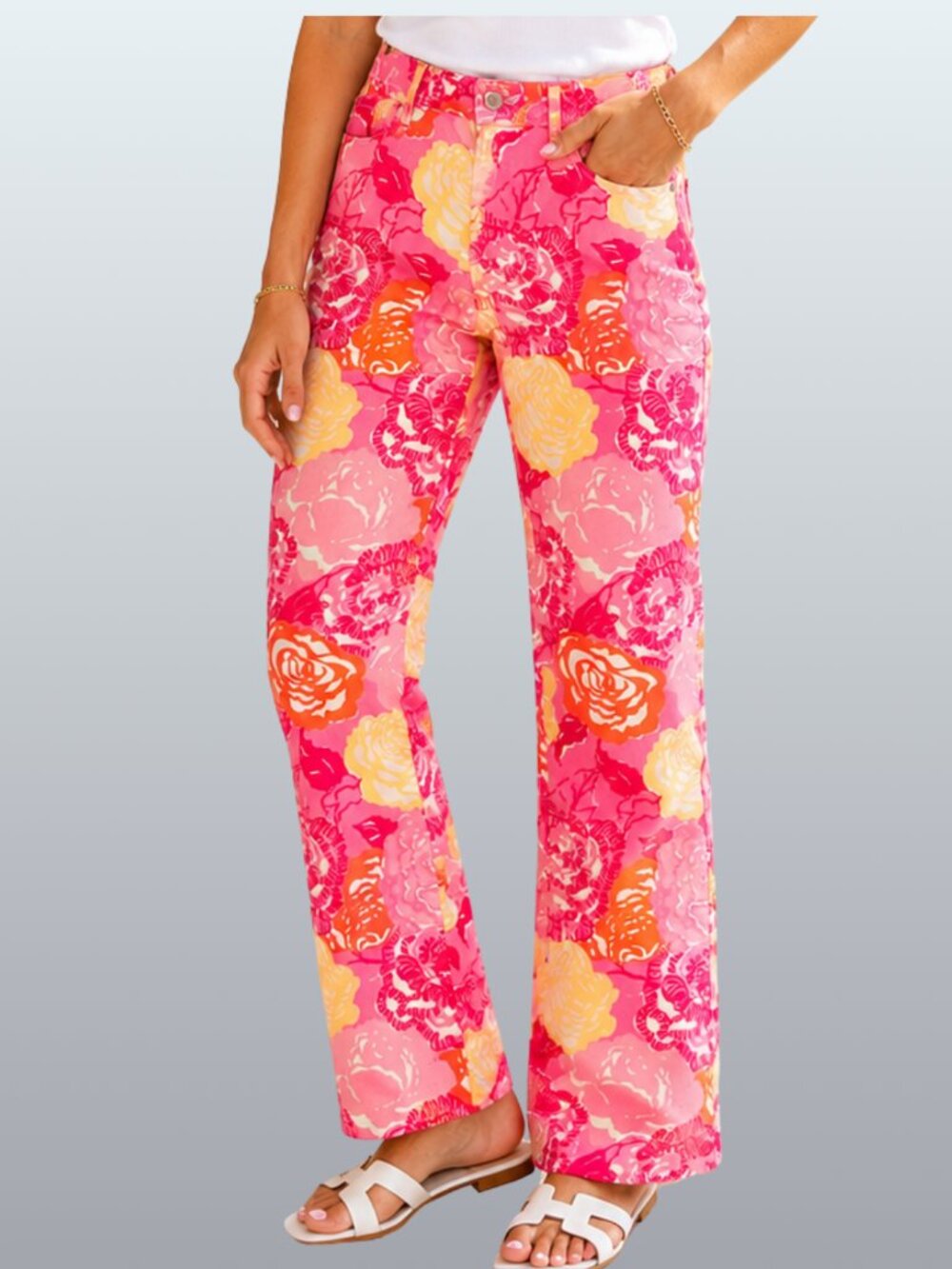 Lilly Pulitzer Pink Rose Floral Cotton Stretch 5 Pocket Bootcut Pants 8 NWOT
